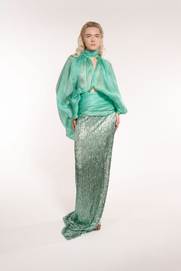 Long Beads Skirt With Split And Draped Waistband