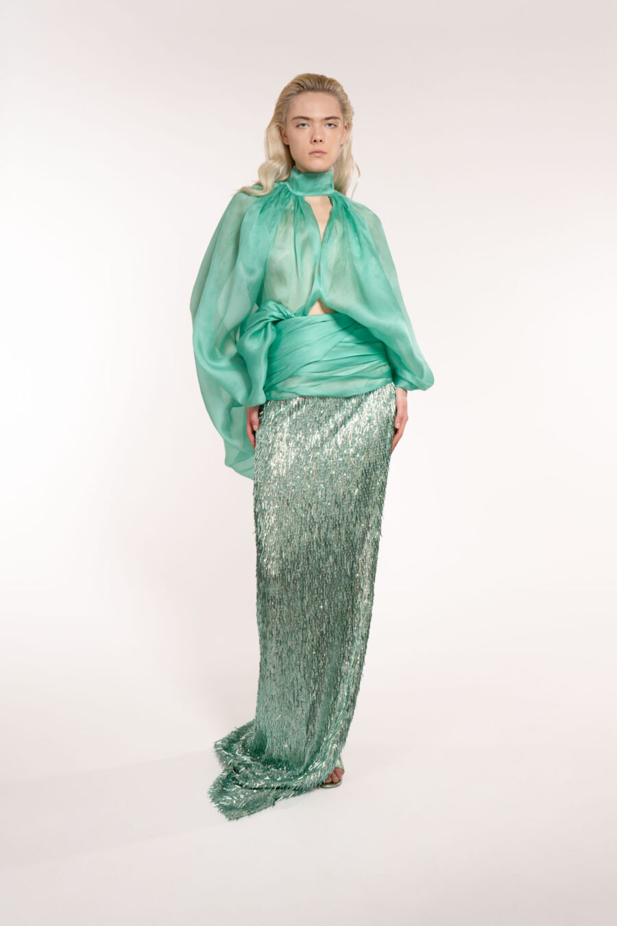 Long Beads Skirt With Split And Draped Waistband