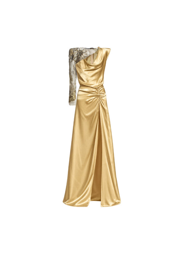Long Dress with Split and Removable Handmade Embroidered Sleeve